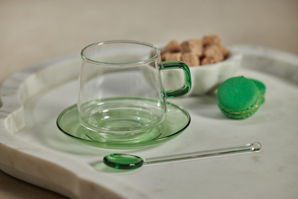 Bergamo Glass Tea and Coffee Cups and Saucers, Set of 4, Green