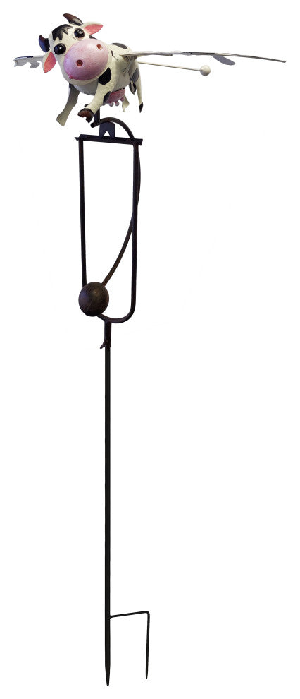 Metal Rustic Flying Cow Rocker Garden Stake Outdoor Kinetic Wind Sculpture