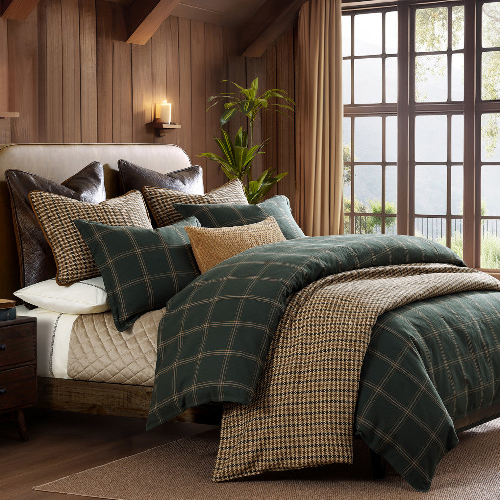 Windowpane Plaid Duvet Cover Set, 3PC, Hunter Green, Super Queen
