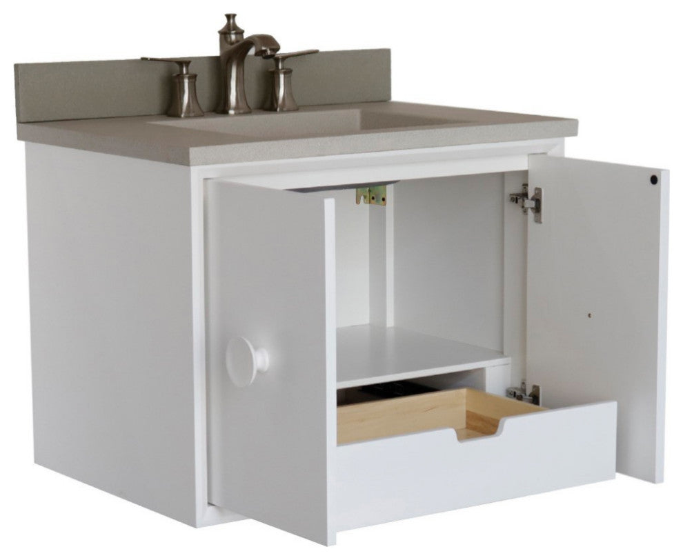31" Single Vanity, White Finish With White Concrete Top And Rectangle Sink