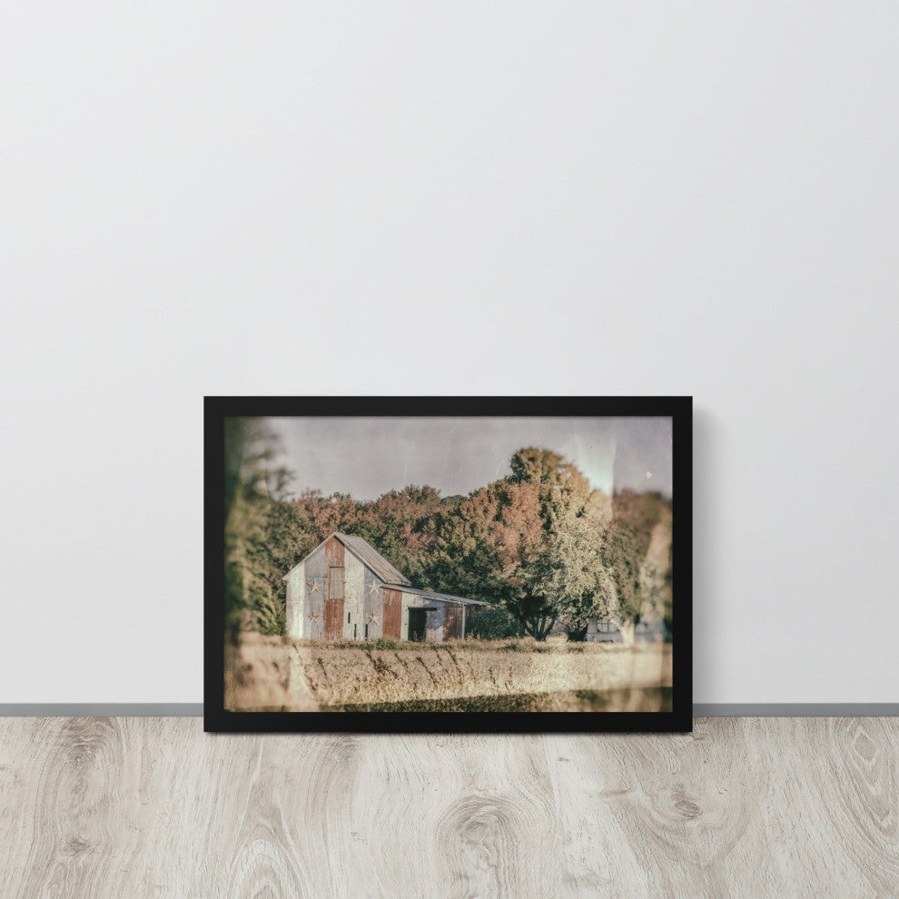 Patriotic Weathered Barn in Field Glass Plate Framed Photo Paper Wall Art Prints, Black, 12" X 18"