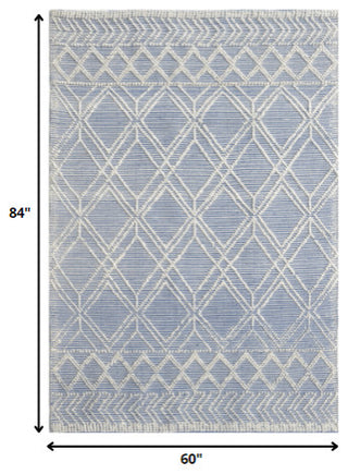 5' X 7' Blue and Ivory Geometric Handmade Area Rug