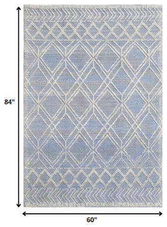 5' X 7' Blue and Ivory Geometric Handmade Area Rug