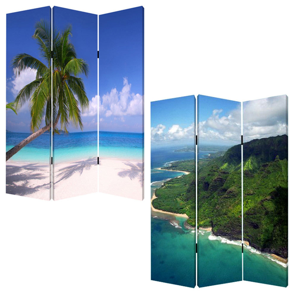 HomeRoots 1" x 48" x 72" Multi Color Wood Canvas Palm Tripical Screen