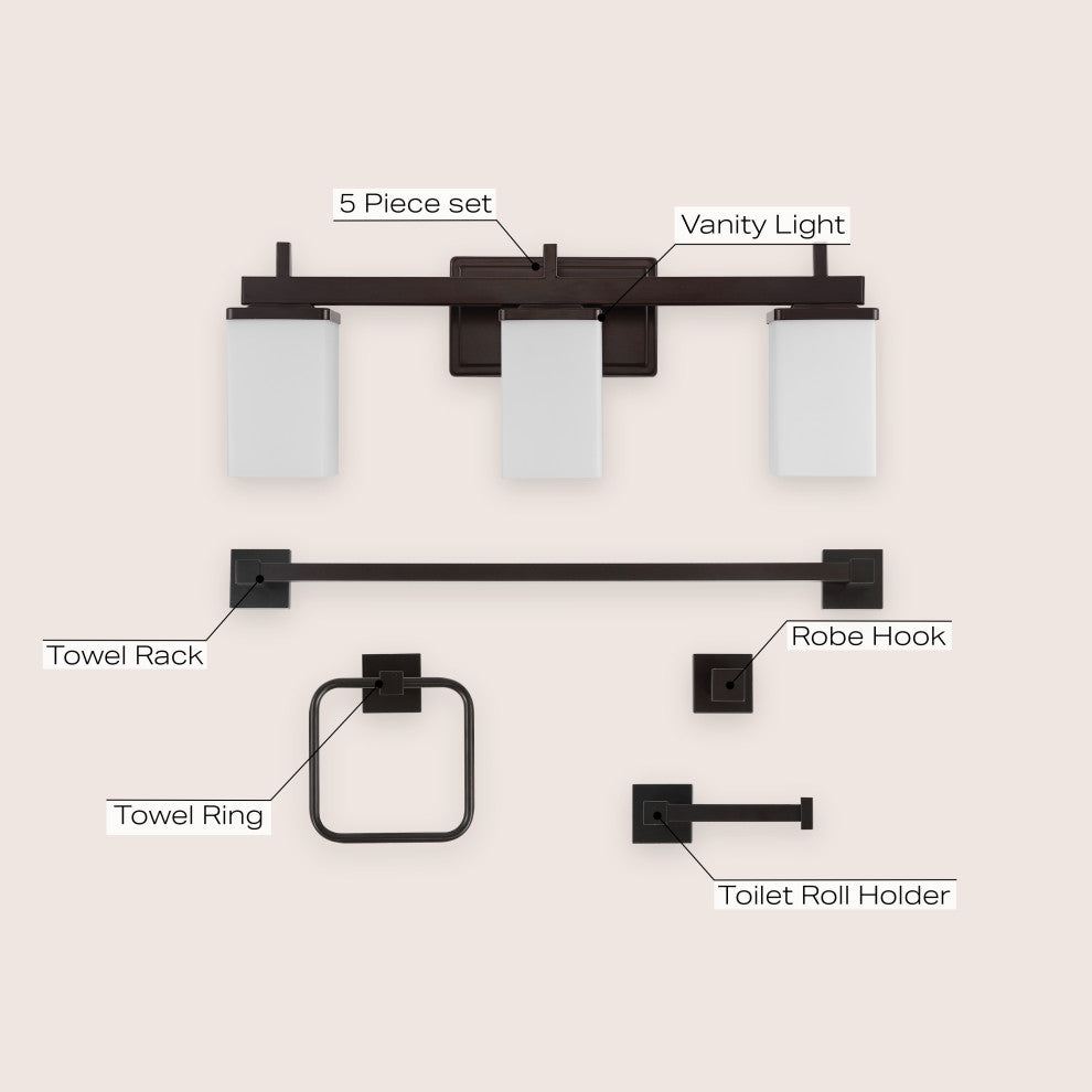 3-Light Modern Vanity, Frosted Glass Shades, Bathroom Accessory Set, 5-Piece