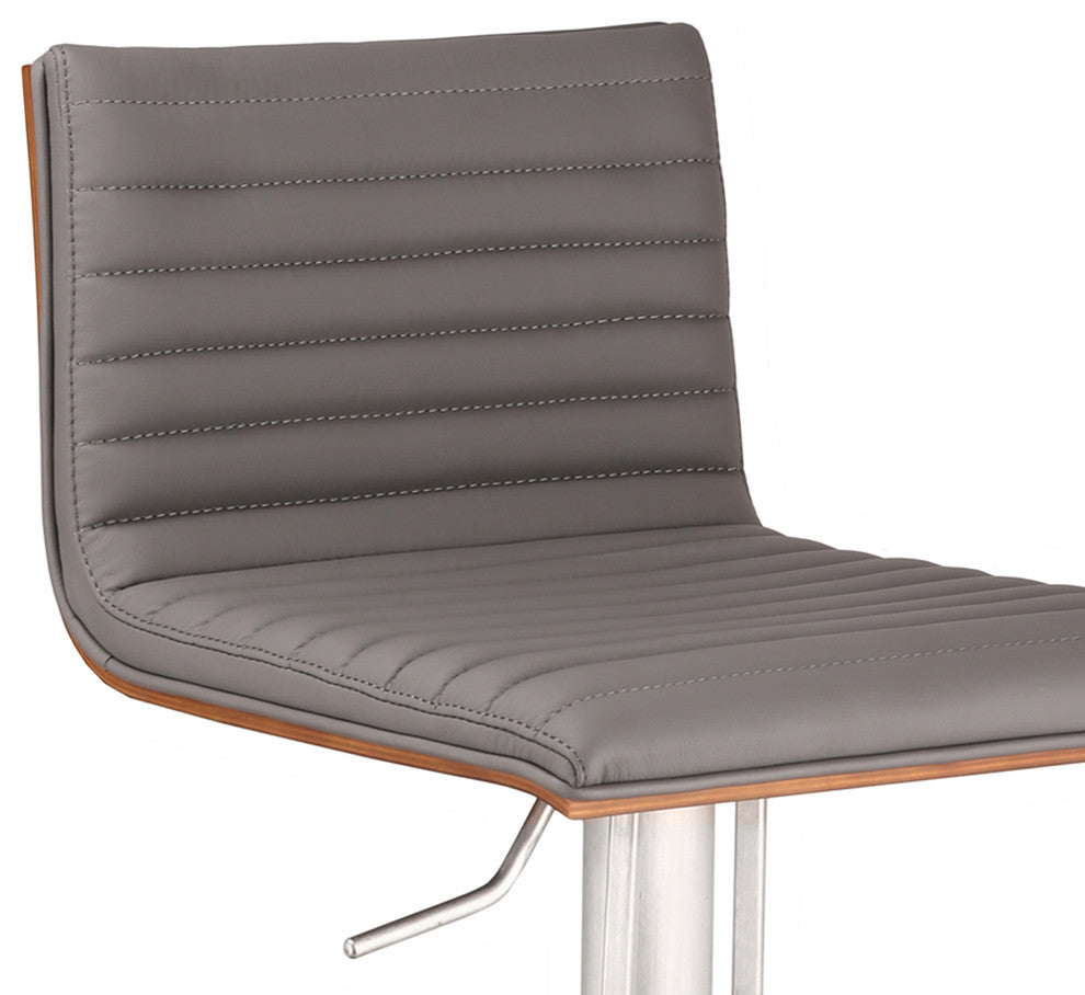 Carmichael Adjustable Brushed Stainless Steel Barstool, Gray With Walnut Back