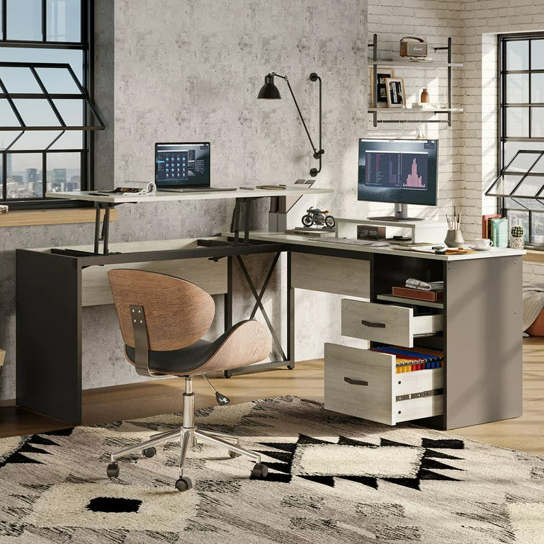 L-Shaped Desk, Large Worktop With Monitor Stand & Lift Up Portion, Gray
