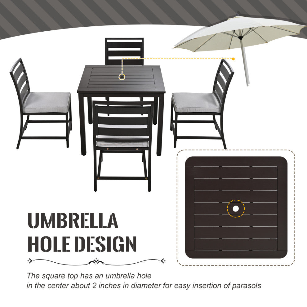 5-Piece Outdoor Steel Patio Dining Set with table and four chairs, Dark Brown