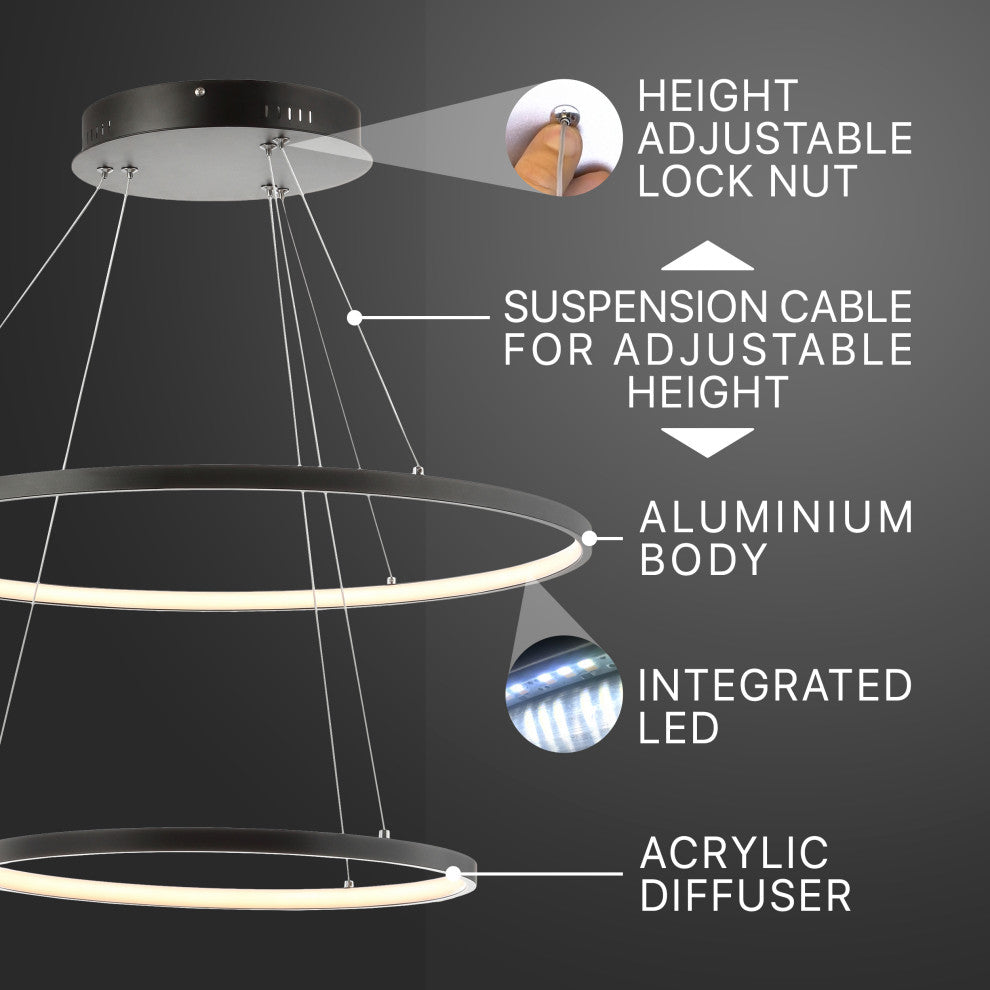 Circulo Metal Round Modern LED Pendant, Matte Black, Width: 24"