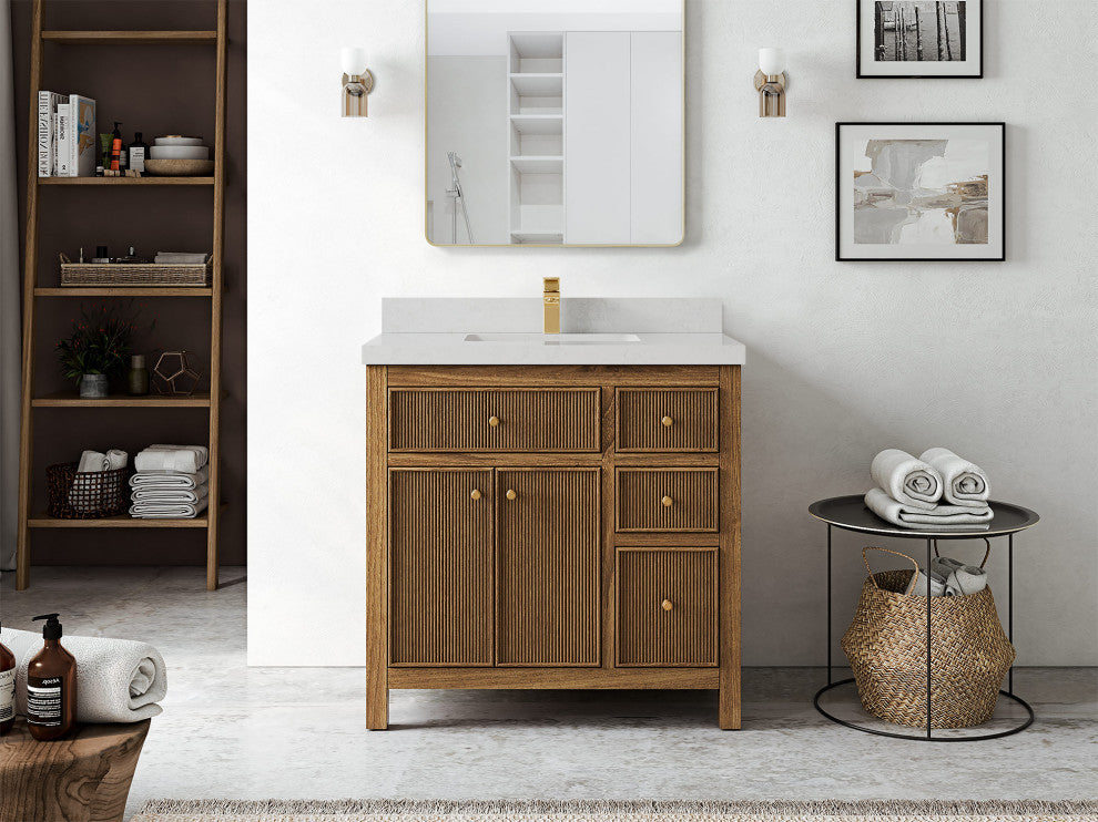 Sonoma Teak 36 Center Sink Bath Vanity in Dark Natural with 2" Carrara Quartz