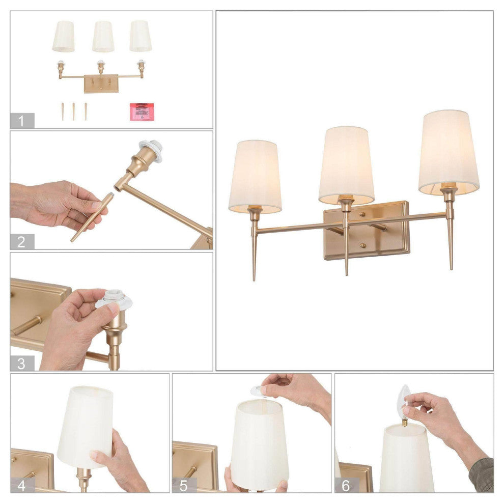 LNC Glod Traditional Bathroom Vanity Light With Fabric Shade, 3 Lights
