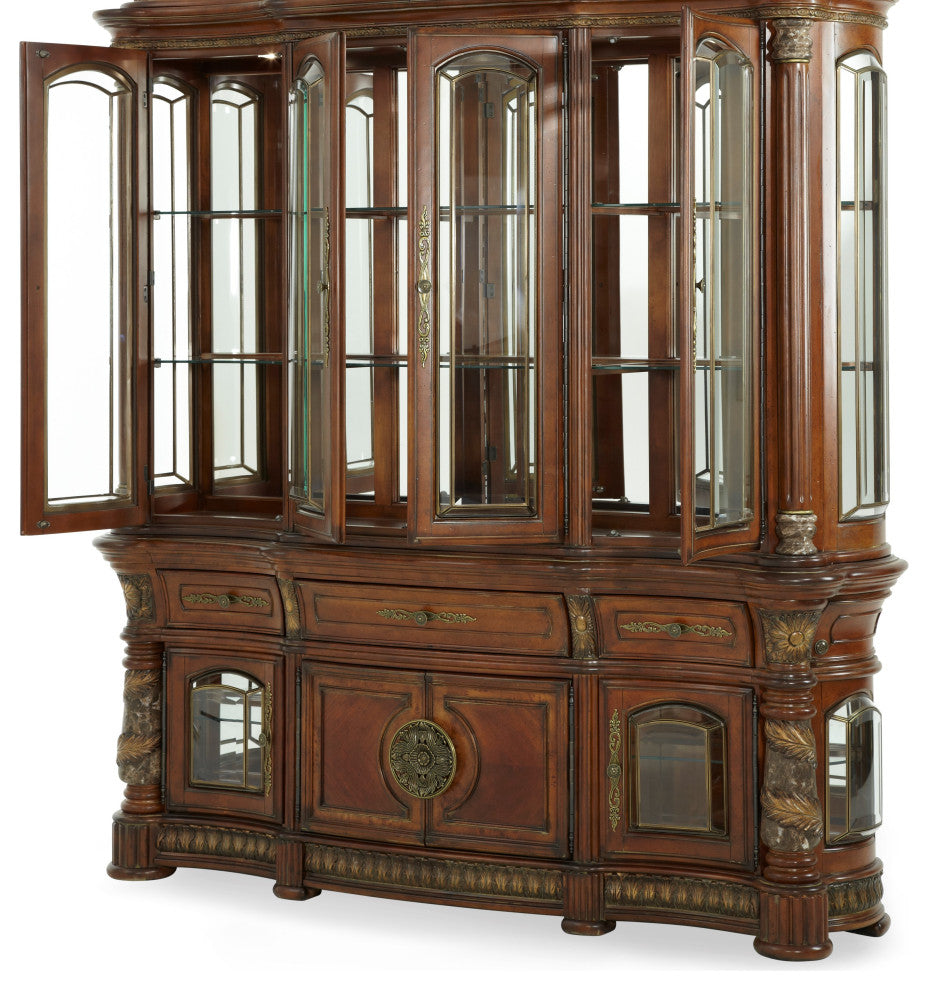 Villa Valencia Wood China Cabinet with Lighting, Classic Chestnut