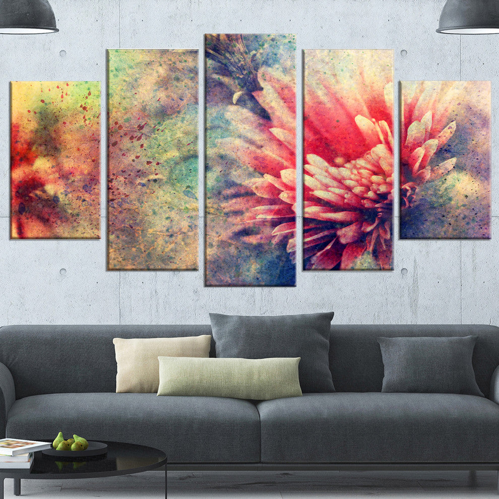 Grunge Art with Flower and Splashes, Flower Artwork on Canvas, 60"x32", 5 Panels