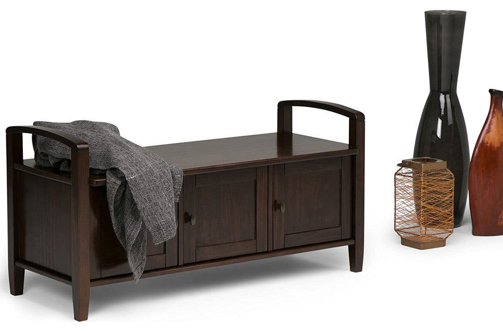 Rustic Storage Bench, Shaker Style Doors & Brushed Nickel Knobs, Tobacco Brown
