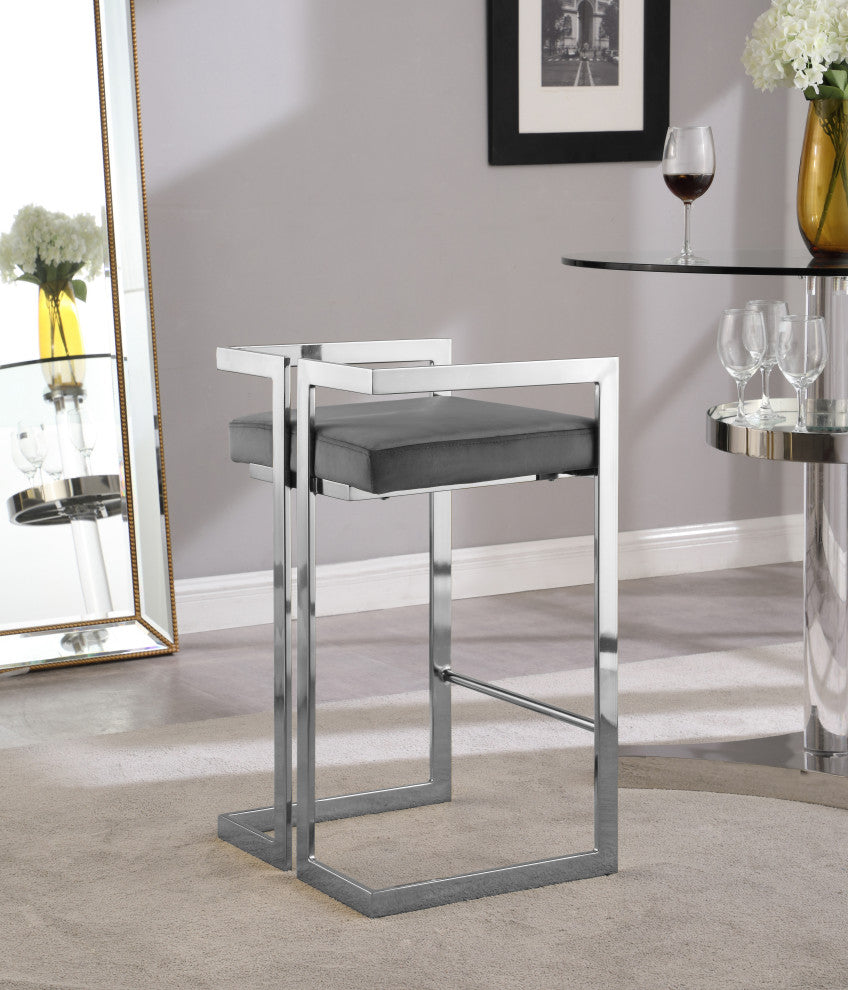 Ezra Counter Stool, Set of 2, Gray Velvet, Chrome Base
