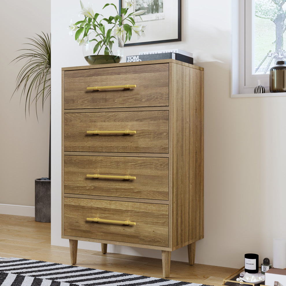 4 Drawers 30" W Wood Chest, Natural Walnut