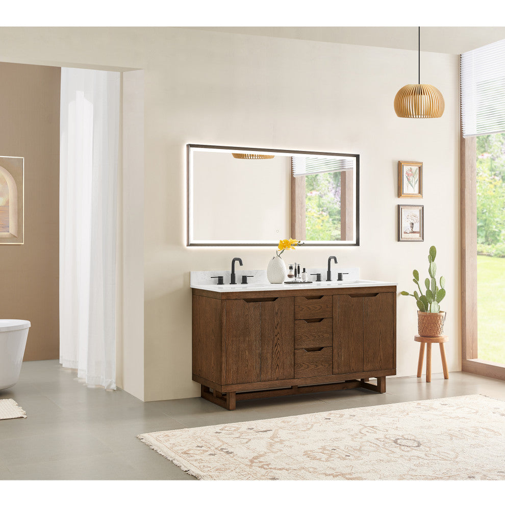 Mowry Bathroom Vanity, Brown Brushed Oak, 60", No Mirror