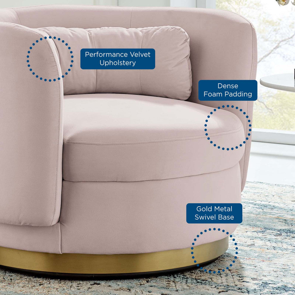 Armchair Swivel Accent Chair, Pink Gold, Velvet, Modern, Lounge Hospitality