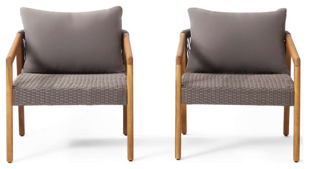Breck Outdoor Acacia Wood and Wicker Club Chairs with Cushion, Set of 2