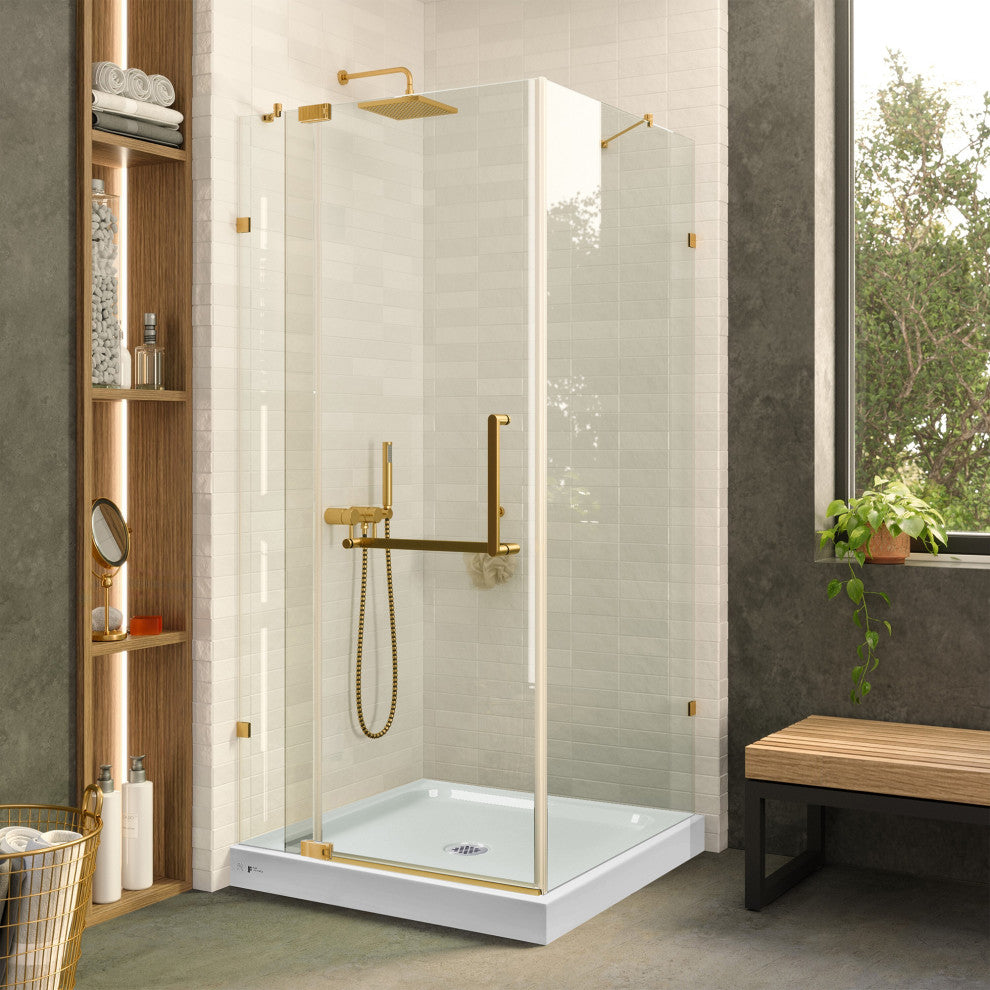Shower Enclosure Hinged Frameless Tempered Glass, Satin Brass, 32"