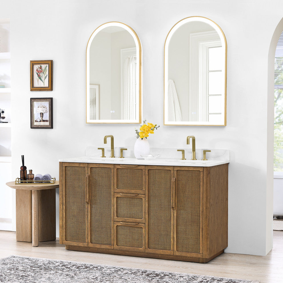 Busan Bath Vanity, Quartz Top No Mirror, Oak Classic Brown, 60", Double Vanity