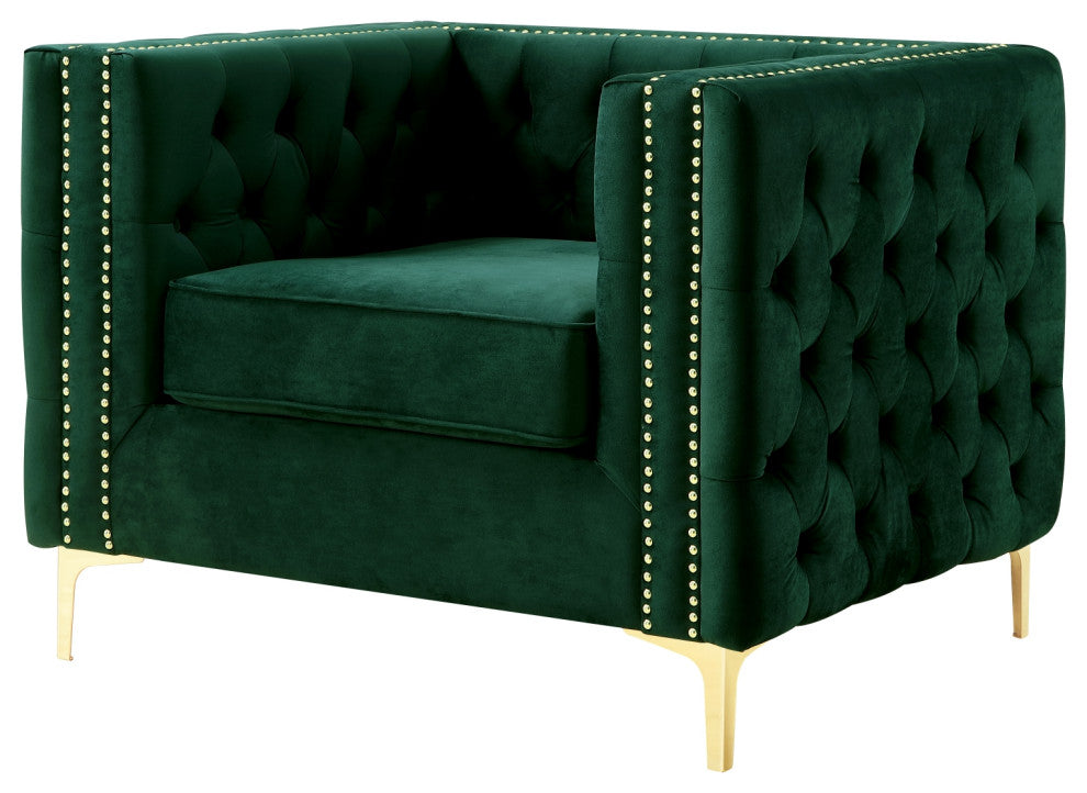 Jeannie Velvet 3-Seat Sofa Button Tufted With Metal Legs, Hunter Green