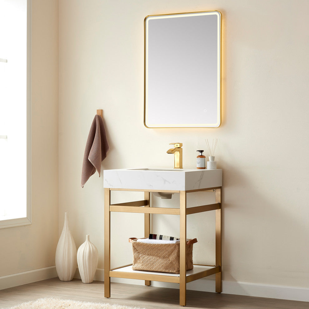 Funes Bath Vanity with Mirror, Brushed Gold Support, 24'', White Stone Top