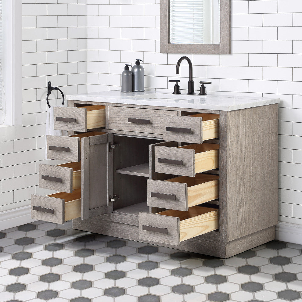 Chestnut 48" Bath Vanity, Grey Oak, Mirror, Oil-Rubbed Bronze Hardware