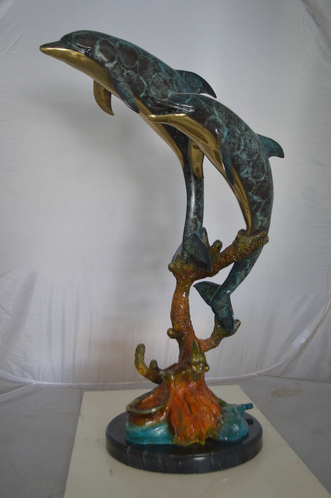 Two Dolphins fountain Bronze Statue on a marble -  Size: 19"L x 15"W x 36"H.