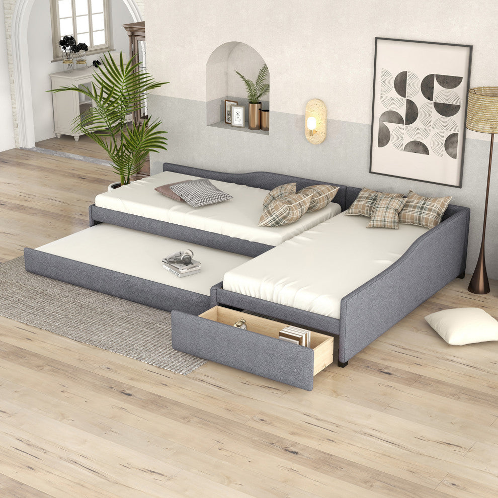 Gewnee Upholstered Double Twin Size Daybed with Trundle and Drawer in Gray