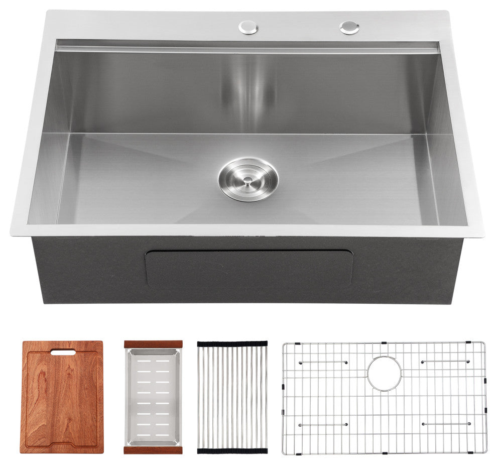 Workstation Drop-In 16 Gauge Stainless Steel Single Bowl Kitchen Sink, 30x22x10 in