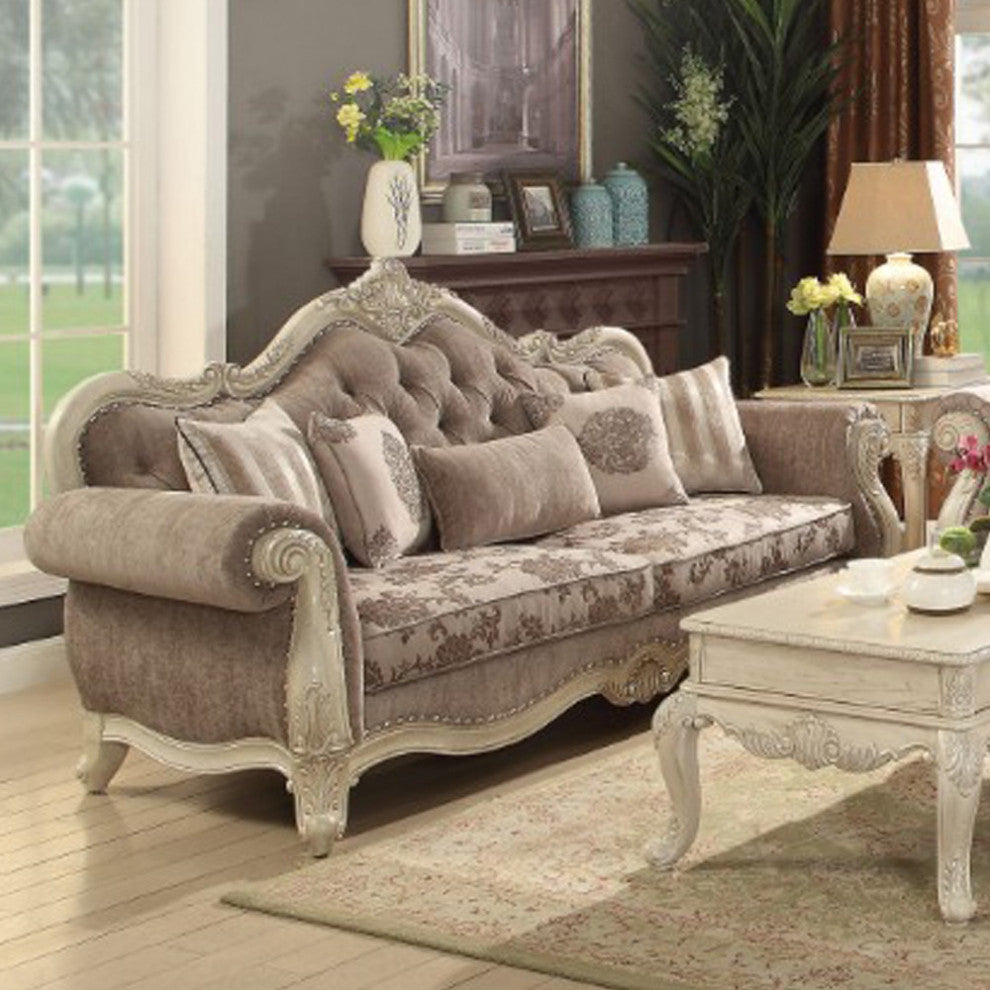 Benzara BM185584 Fabric Upholstered Wooden Sofa With Scrolled Molding Trim, Gray