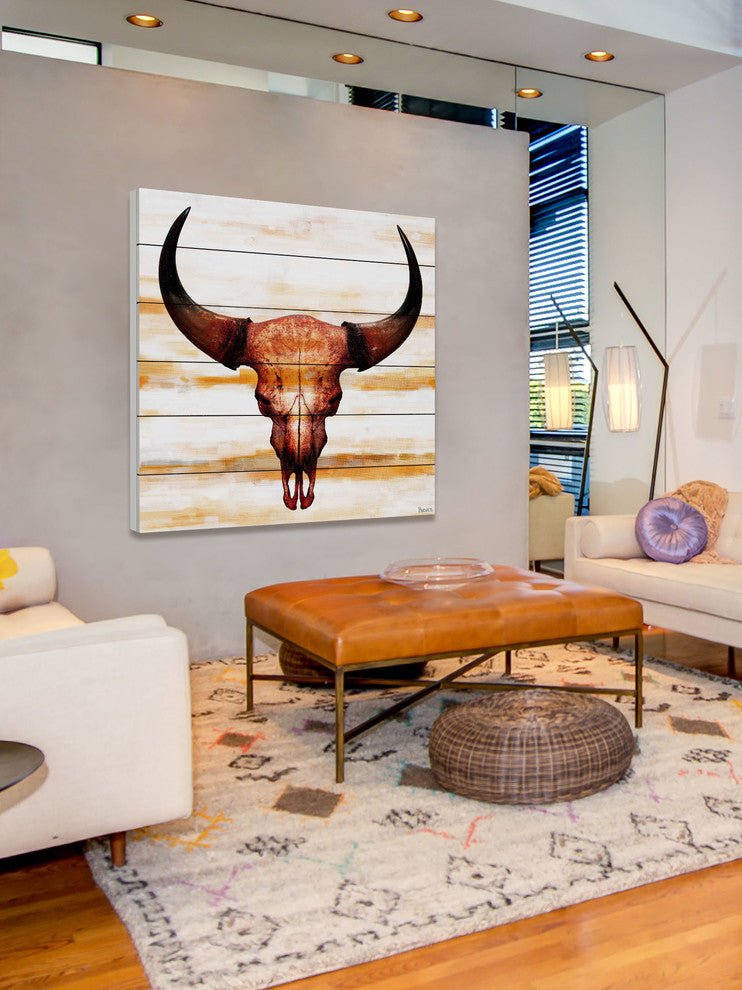 "Burnt Orange Skull" Print on White Wood, 40"x40"