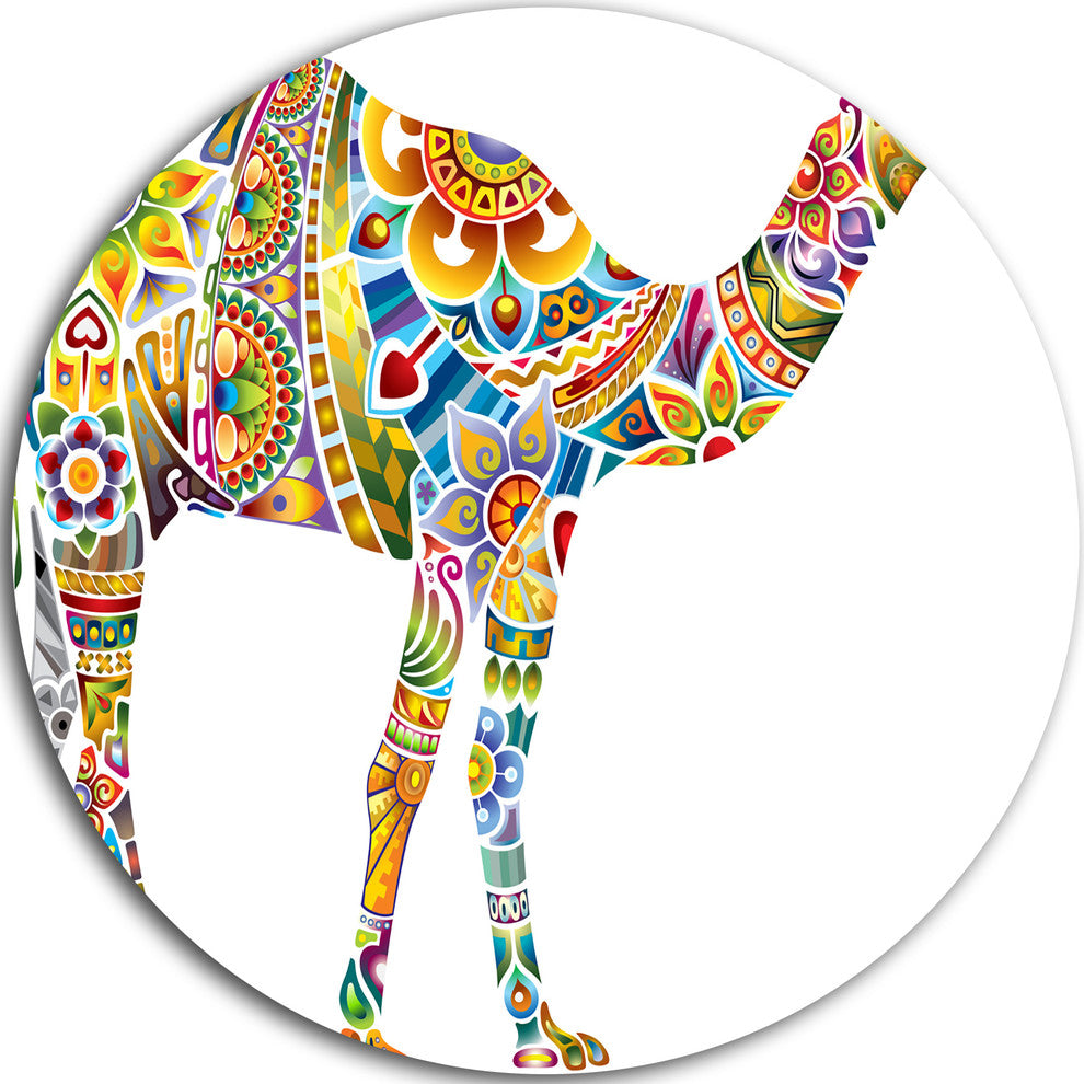 Cheerful Floral Camel, Digital Art Large Disc Metal Wall Art, 23"