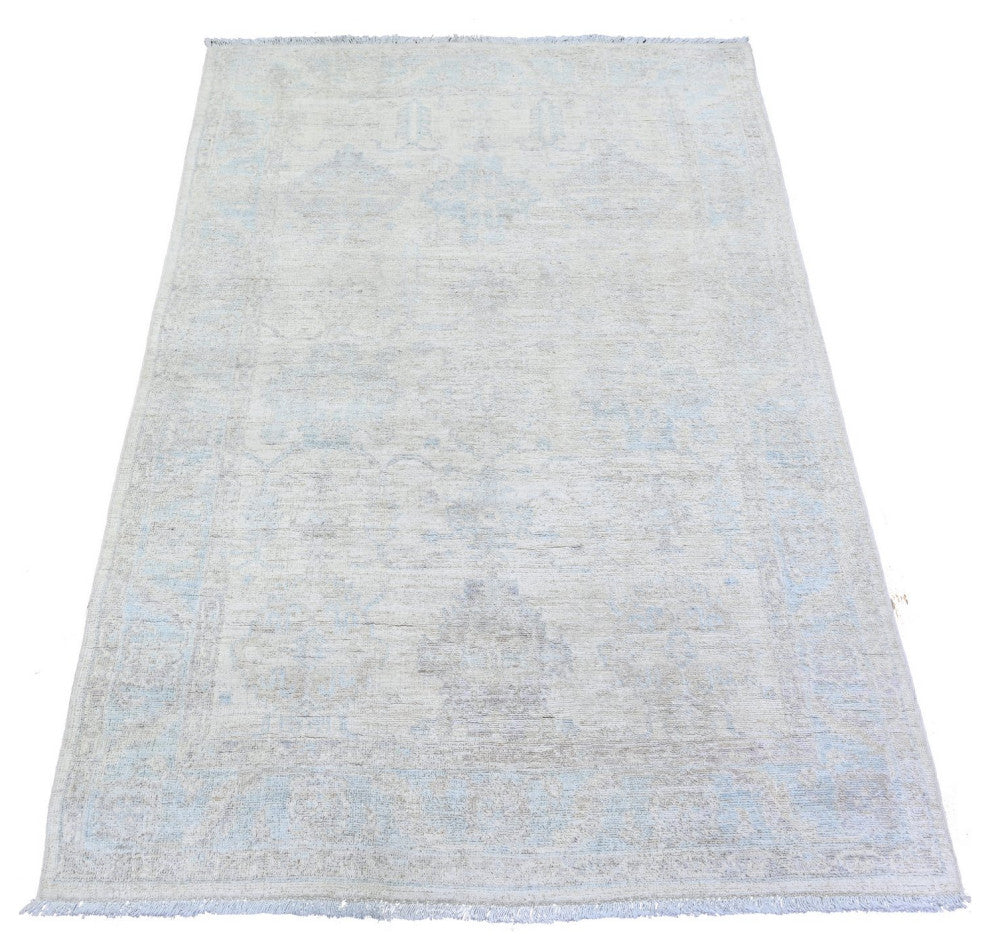 Lace Ivory Stone Washed Peshawar Faded Out Wool Hand Knotted Rug, 3'10"x5'8"