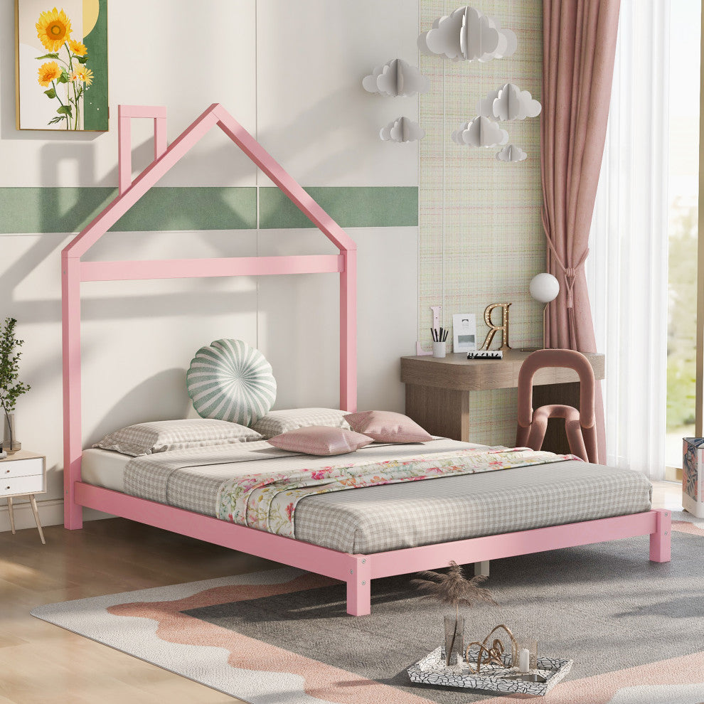 Gewnee Full Wood Platform Bed with House-shaped Headboard in Pink