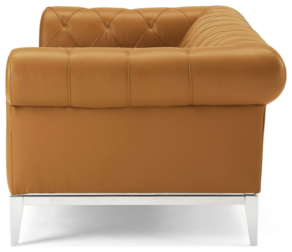 Modern Designer Living Room Lounge Club Lobby Loveseat Sofa, Leather, Tan Brown