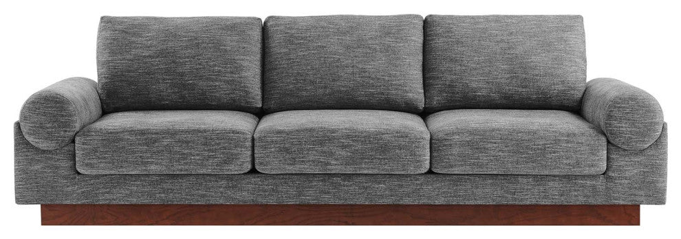 Modern Fabric Sofa with Wooden Plinth Base, Bolster Couch Ivory Fabric , Gray