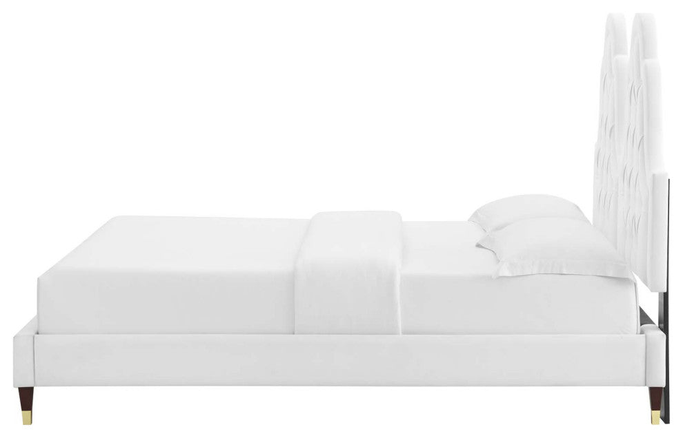 Tufted Platform Bed Frame, Full Size, Velvet, White, Modern Contemporary