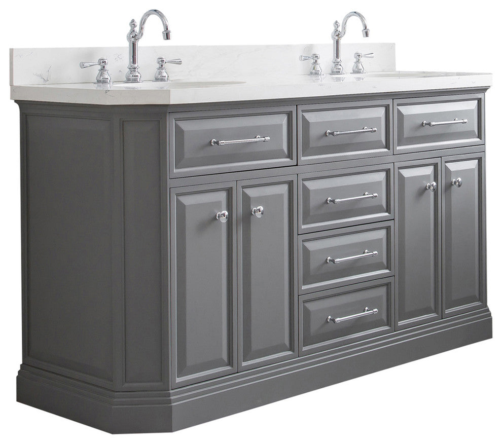 60" Palace Quartz Carrara Cashmere Gray Vanity With Hardware, Faucets in Chrome