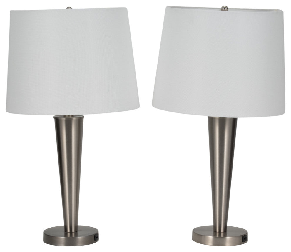 Metal, Set of 2, 25"H, Slim Cone Table Lamps, Nickel