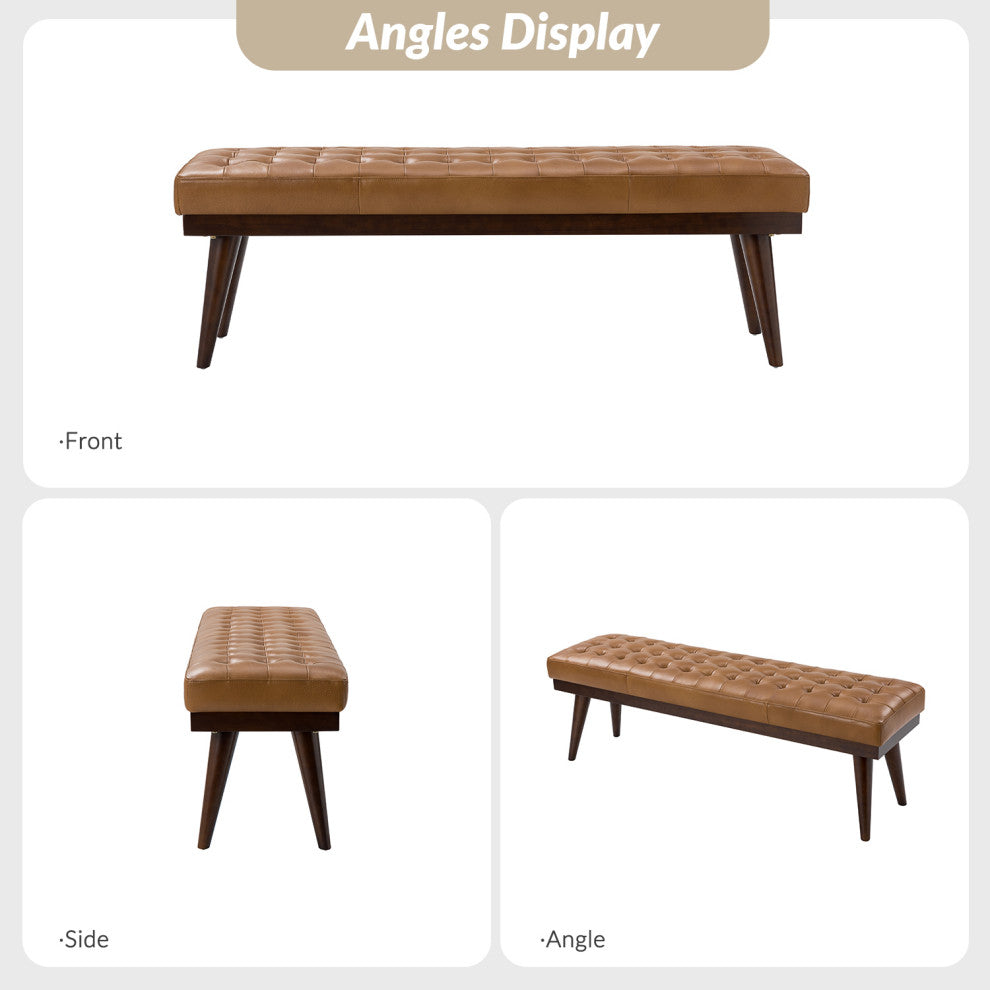 55.5"W Genuine Leather Bedroom Bench, Camel
