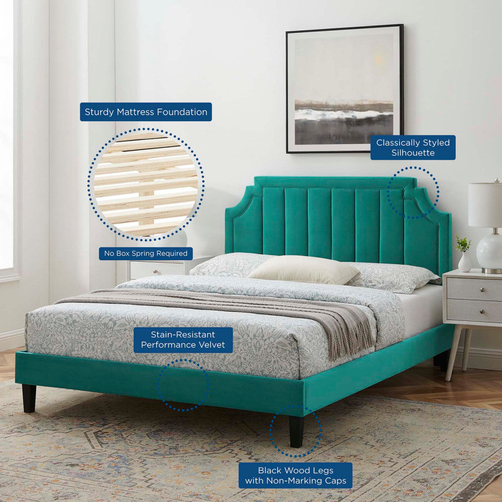 Platform Bed Frame, Queen Size, Velvet, Teal Blue, Modern Contemporary, Bedroom