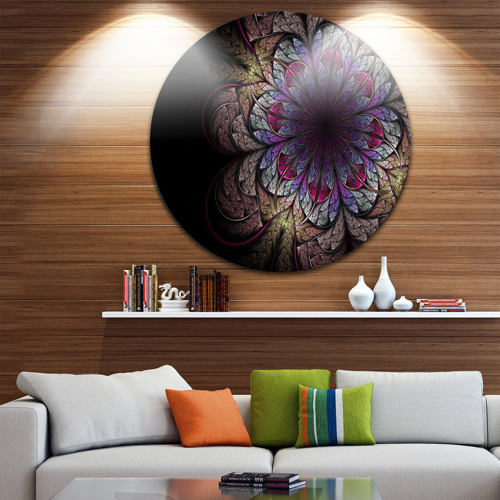 Brown And Blue Soft Fractal Flower, Modern Floral Round Wall Art, 23"