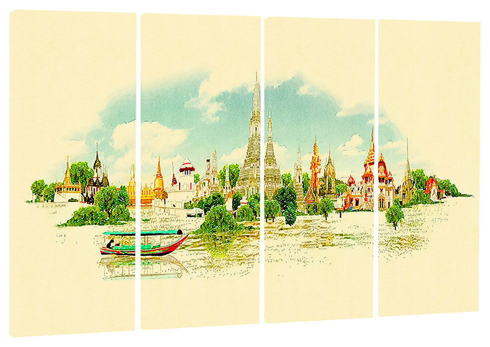 "Bangkok Panoramic View" Cityscape Watercolor Canvas Print, 4 Panels, 48"x28"