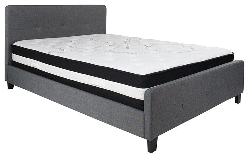 Queen Size Tufted Platform Bed, Dark Gray With Spring Mattress