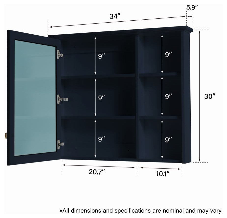 Solid Wood Bathroom Medicine Cabinet With Silver Coated Mirror, Navy Blue, 34"x30"