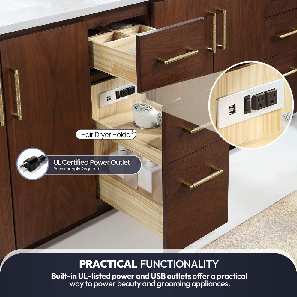 San Bath Vanity with Stone Top, Natural Walnut, 84", Double Vanity, No Mirror