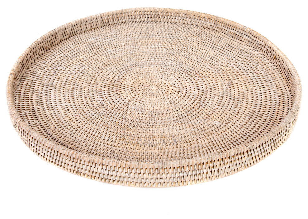 Artifacts Rattan™ Round Serving / Ottoman Tray, White Wash, 24"x24"x2"