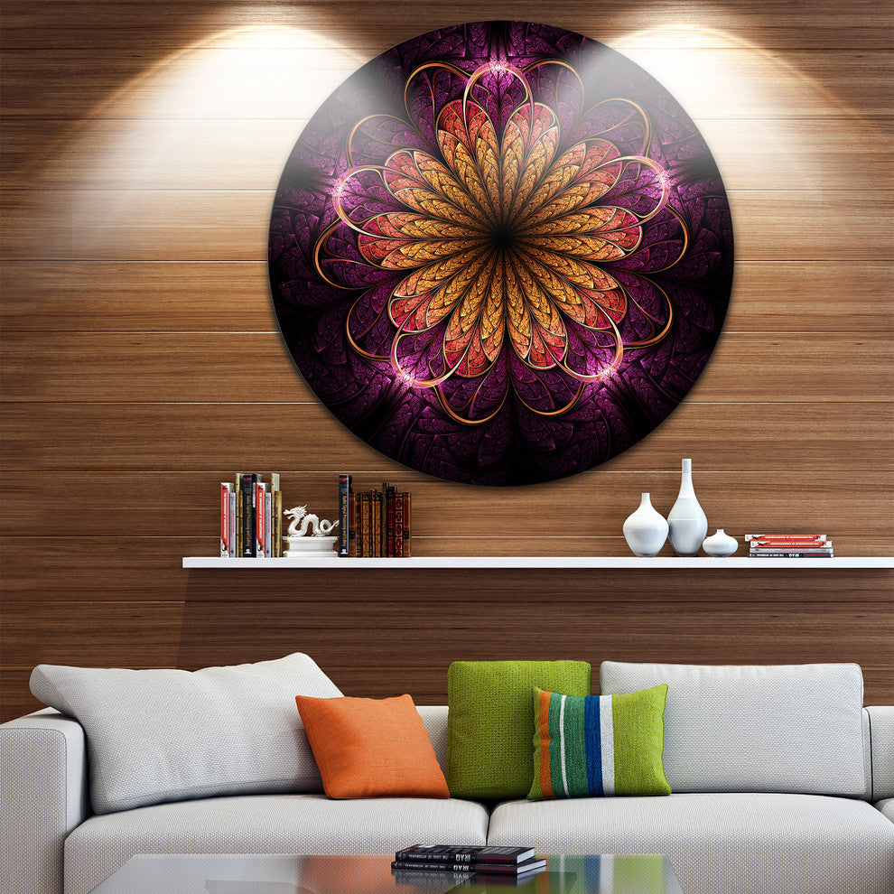 Glittering Gold Purple Fractal Flower, Floral Disc Metal Artwork, 36"